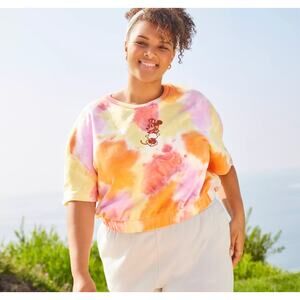 Disney Plus 3X Minnie Mouse Tie-Dye Embroidered Knit Cropped Sweatshirt Pullover